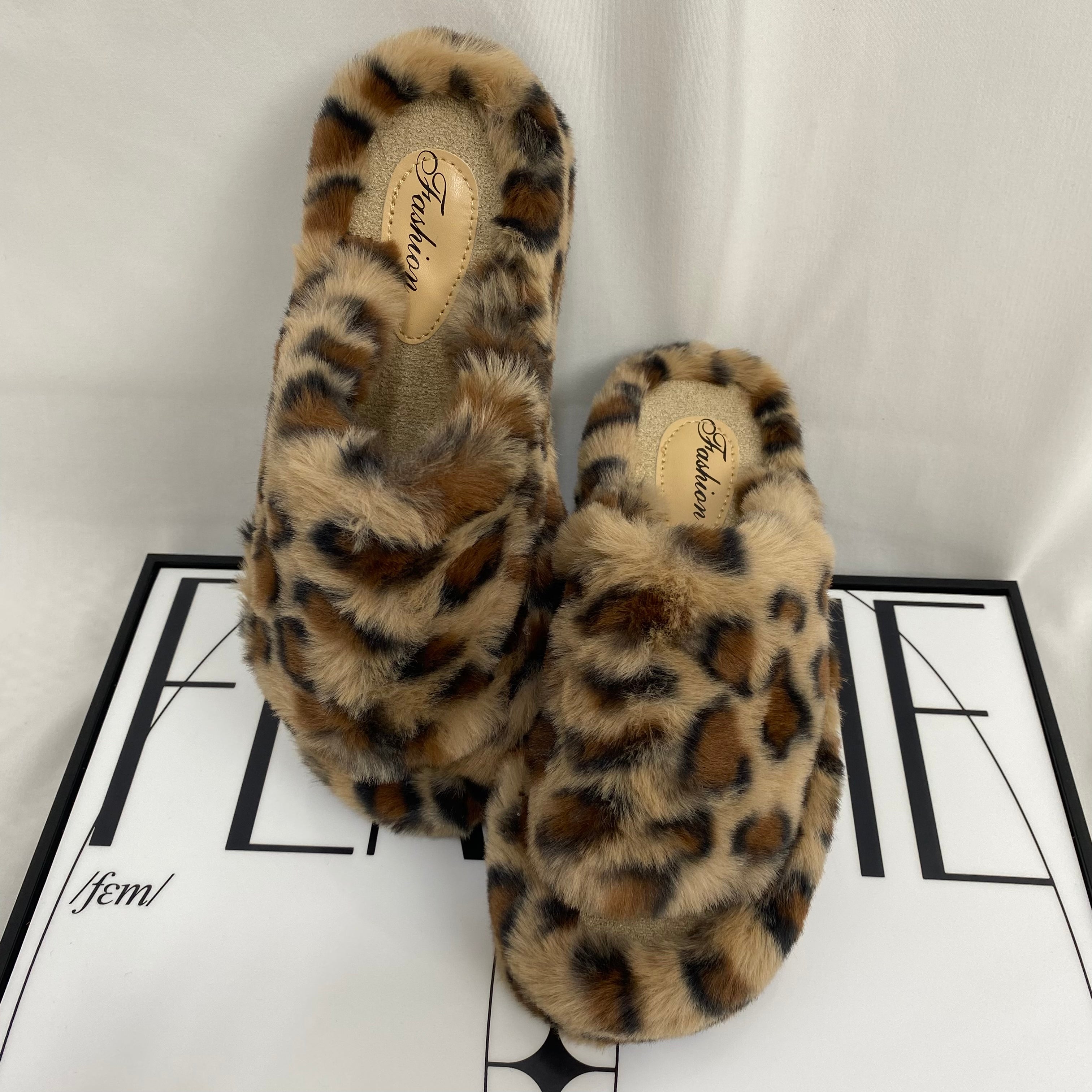 Leopard Print Platform Fur Slippers