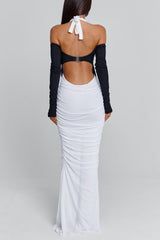 Halter Cinch Waist Ruched Bodycon Party Maxi Dresses-White Pre Order