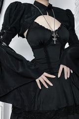 Tie Up Bell Sleeve Stand Collar Crop Top-Black