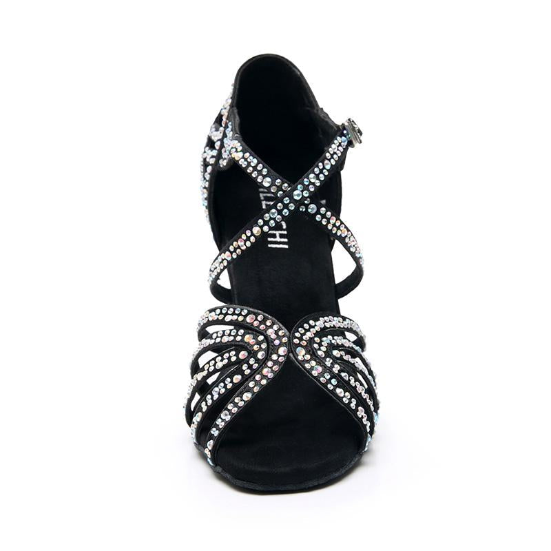 Women's Black Strappy Satin Rhinestones Customized Heel Dance Shoes