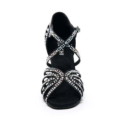 Women's Black Strappy Satin Rhinestones Customized Heel Dance Shoes