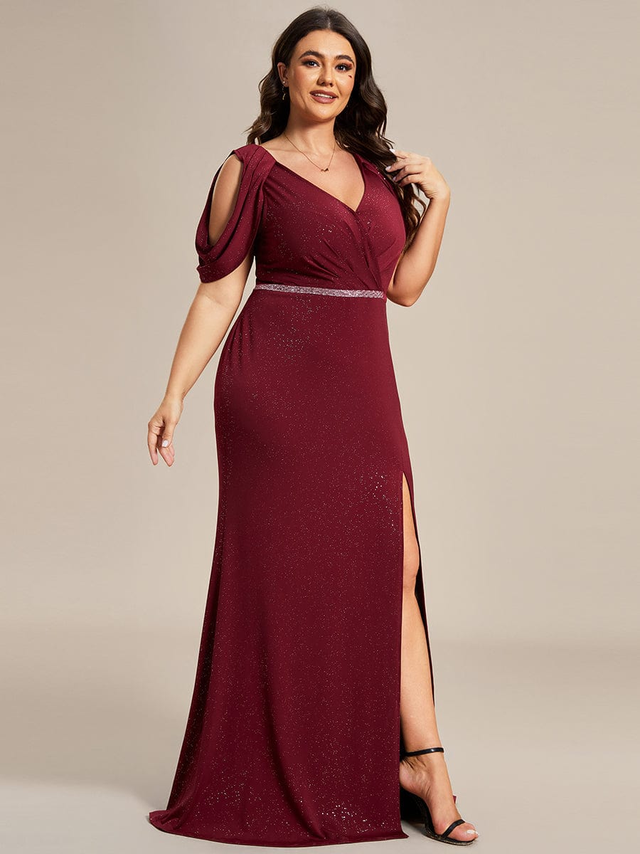 Dazzling Glittery Evening Gown with Cold Shoulder and Puff Sleeves
