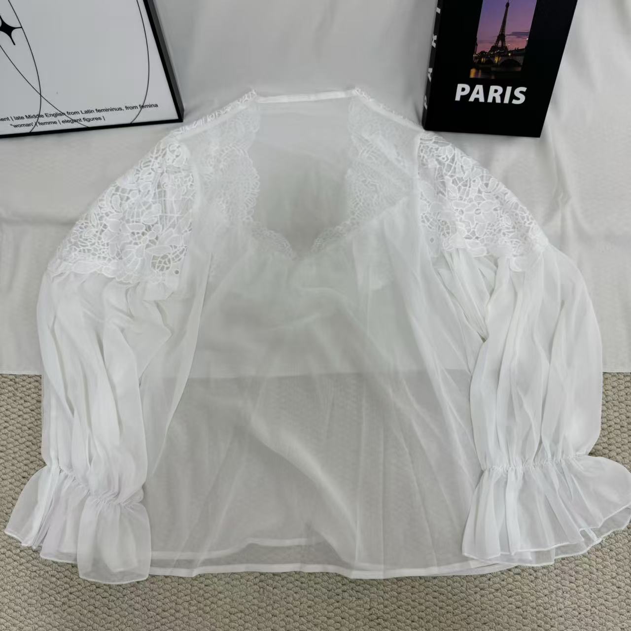 Lace-Paneled Puff-Sleeve Shirt