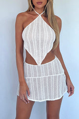 Halter Irregular Hem Knit Top Quilted Mini Skirt Vacation Matching Set