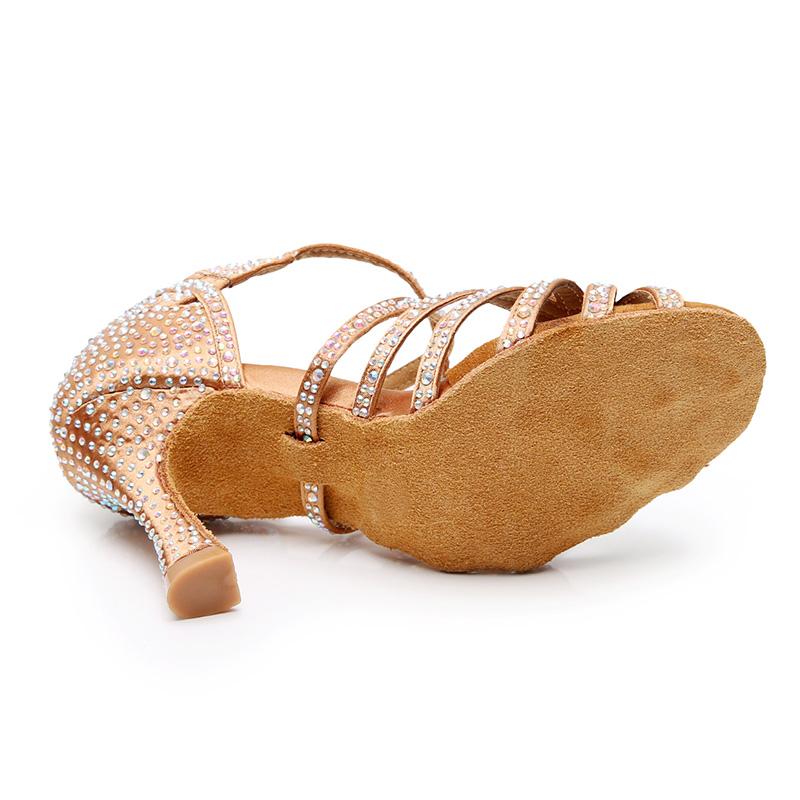 Women's Bronze Strappy Satin Rhinestones Customized Heel Dance Shoes