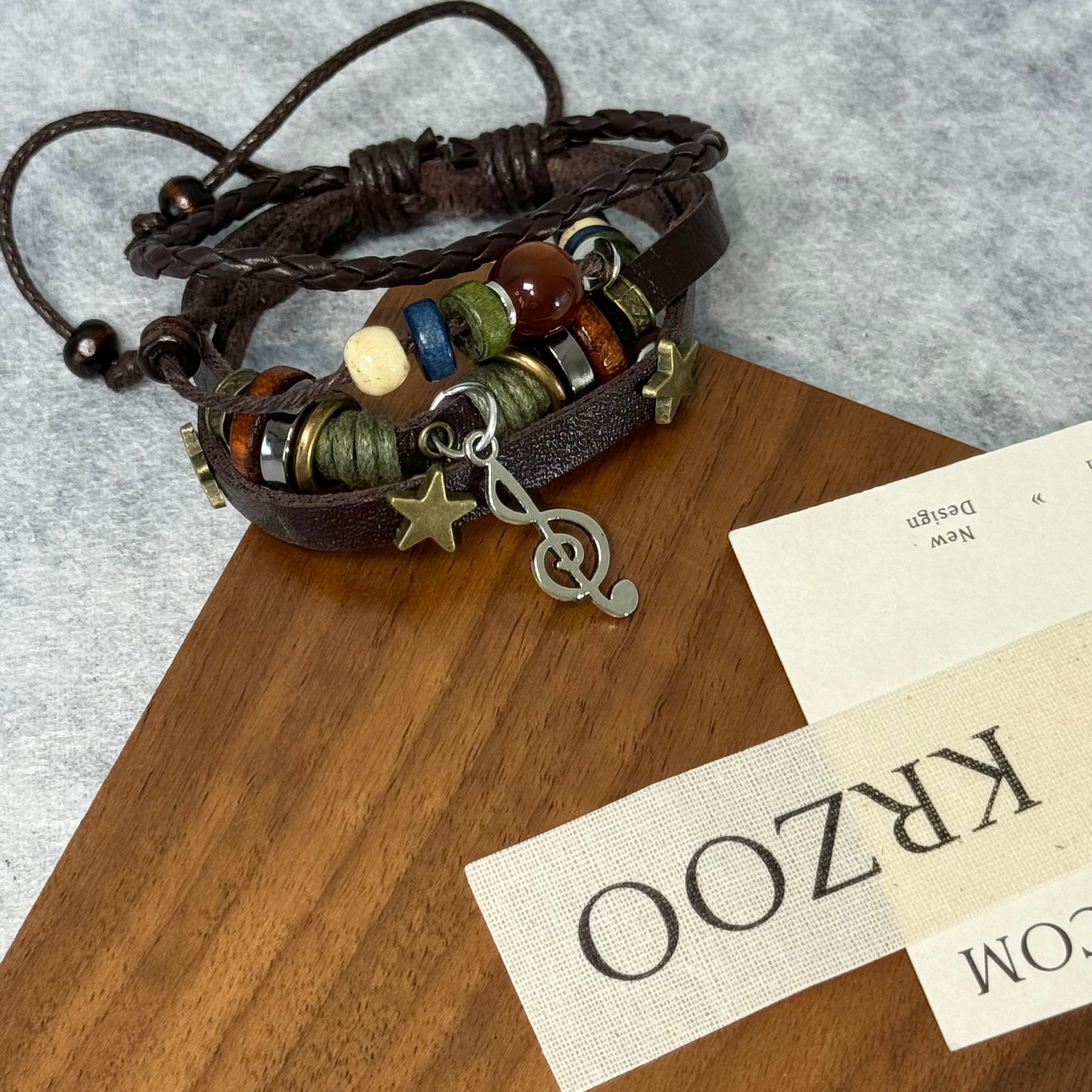 Multi-layer beaded leather woven bracelet