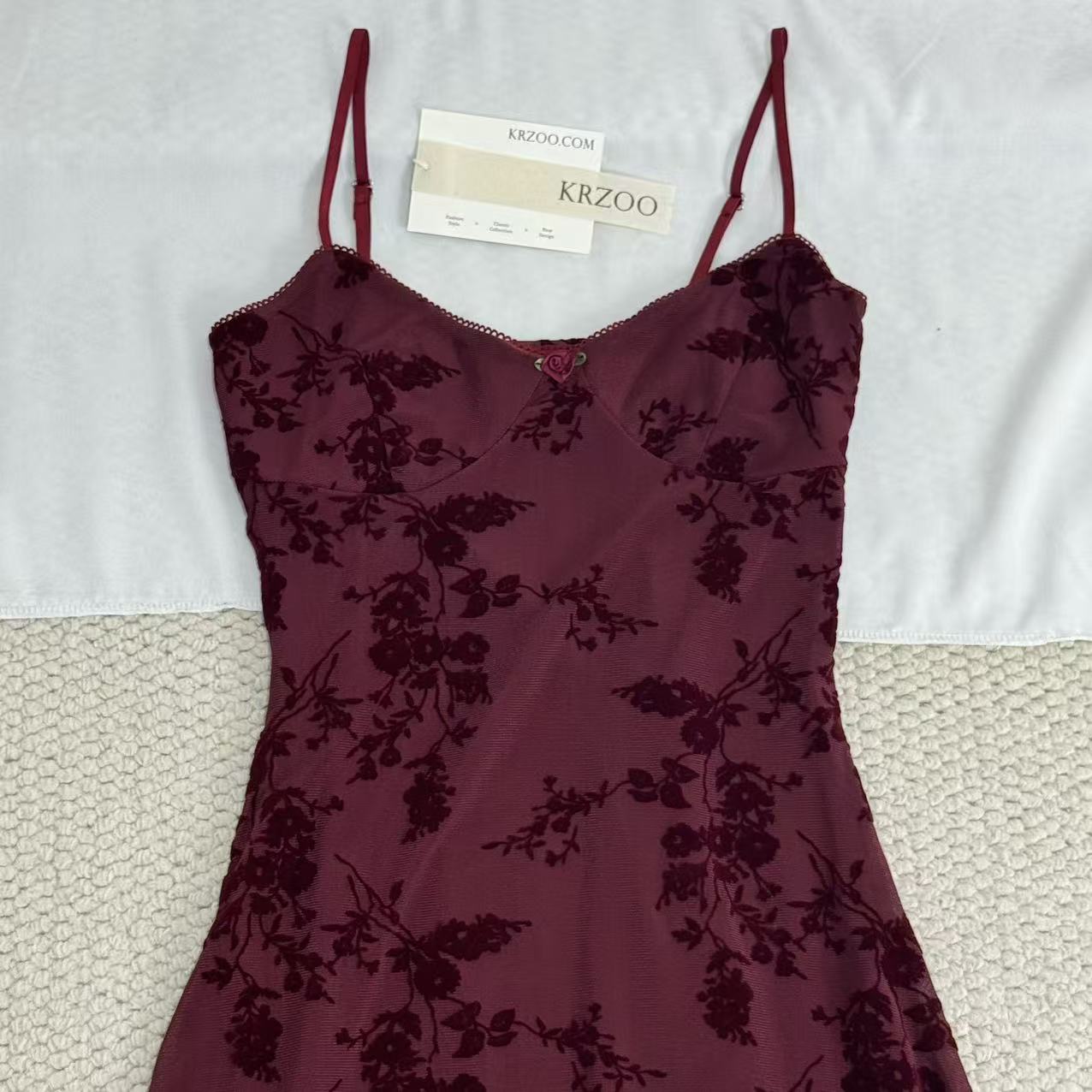 French-style retro flocking printed halter dress