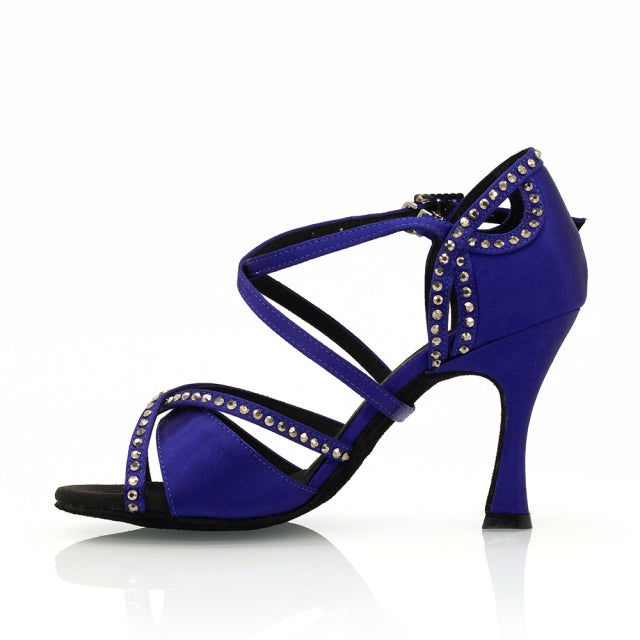 Women's Blue Customized Heel Open Toe Strappy Dance Shoes with Crystals