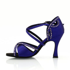 Women's Blue Customized Heel Open Toe Strappy Dance Shoes with Crystals