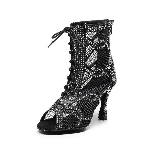 Women's Satin Black Customized Heels Dance Boots JazSalsa Dancing Shoes