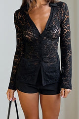 V Neckline Long Sleeve Jacquard Lace See Through Top-Black