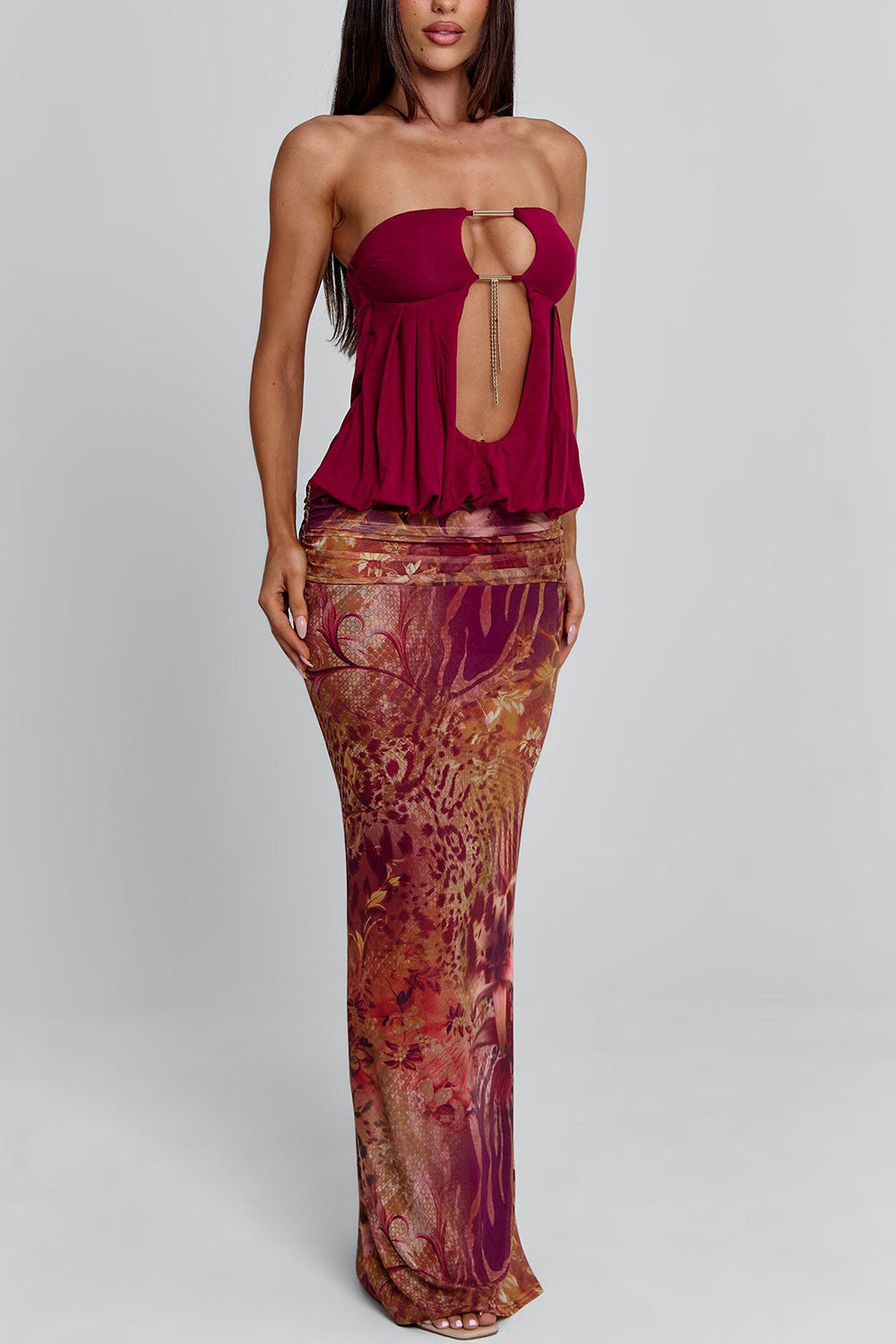 Strapless Party Velvet Cut Out Top Print Maxi Skirt 2pcs Set-Red Pre Order