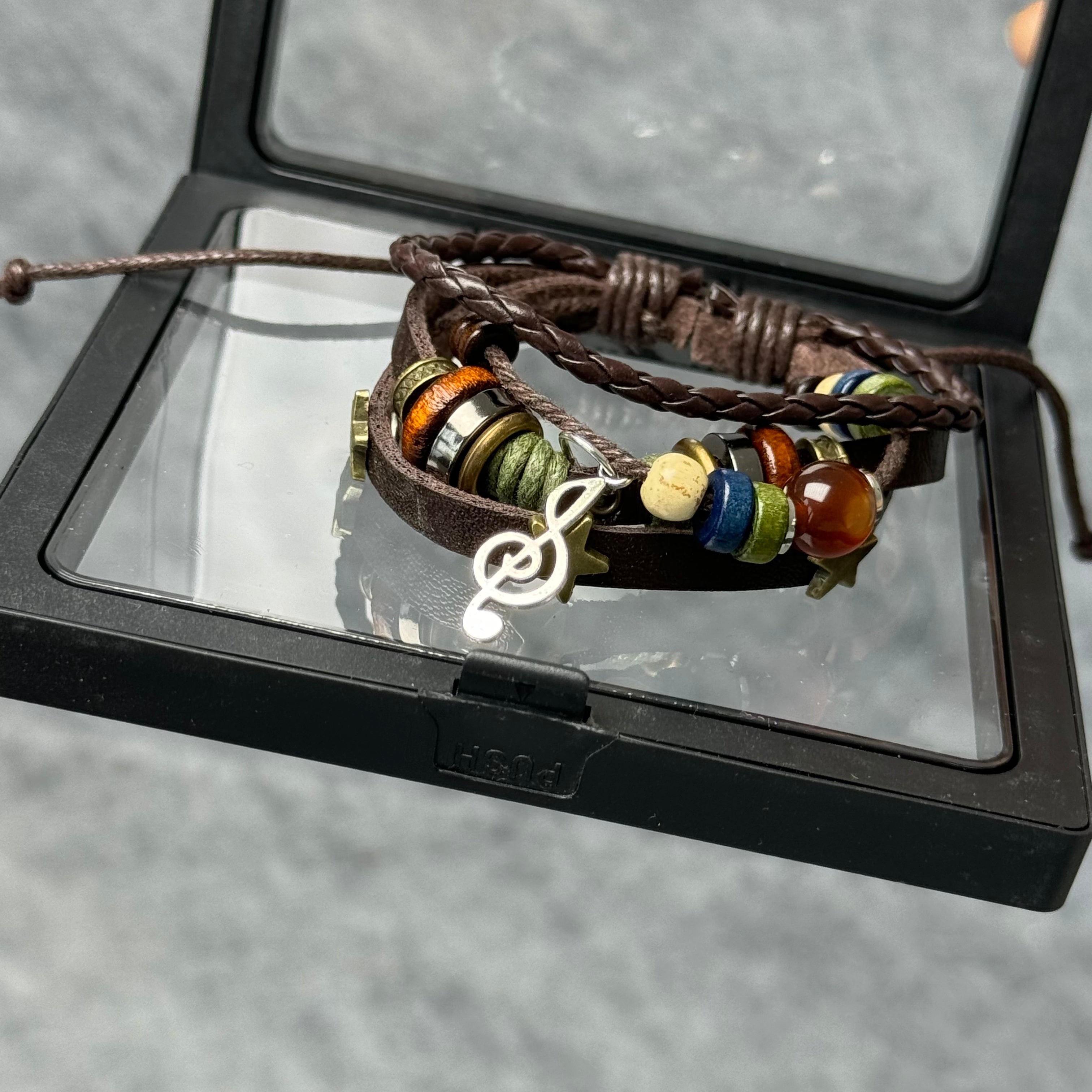 Multi-layer beaded leather woven bracelet