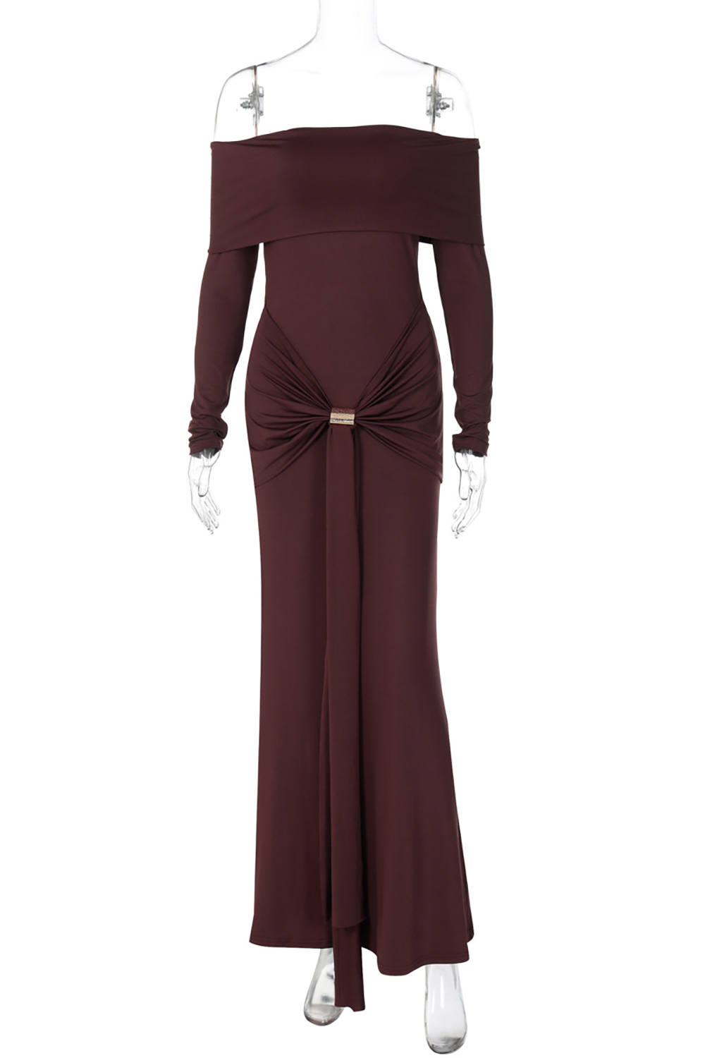 Boat Neck Long Sleeve Ruched Streamer Solid Color Maxi Dresses-ReddishBrown