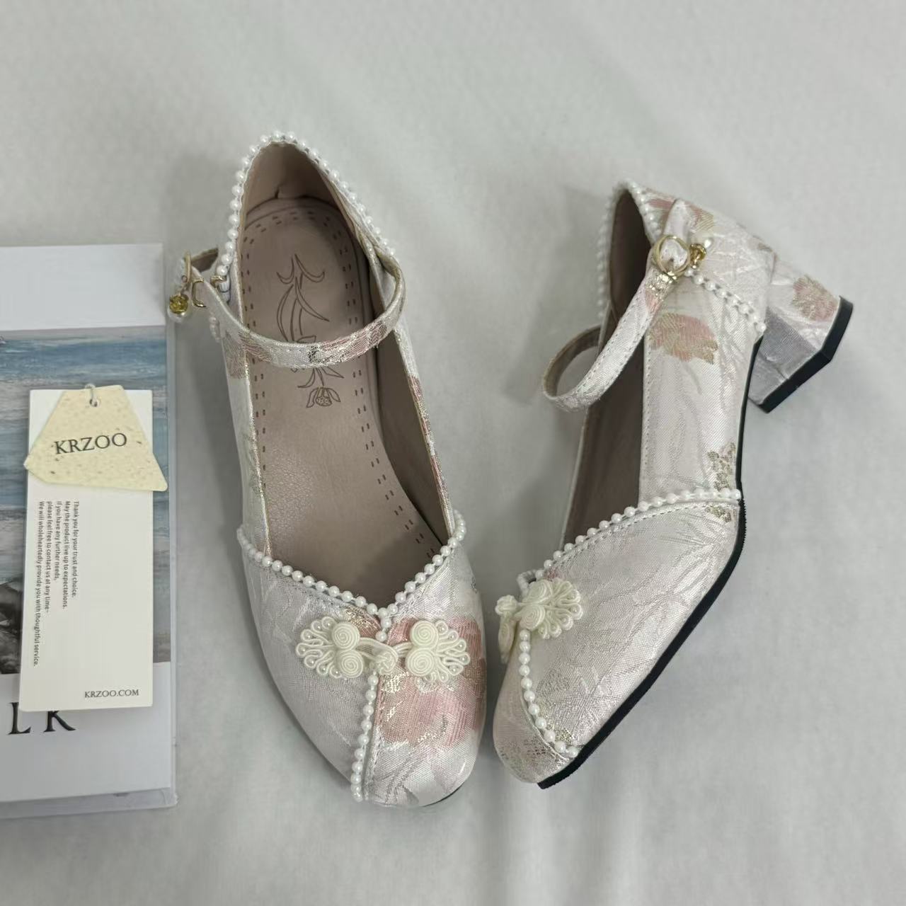 Block-Heel Shoes With Pearl-Embellished Straps