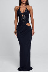 Sequin Patchwork Halter Cutout Slim-Fit Maxi Dresses-Black Pre Order