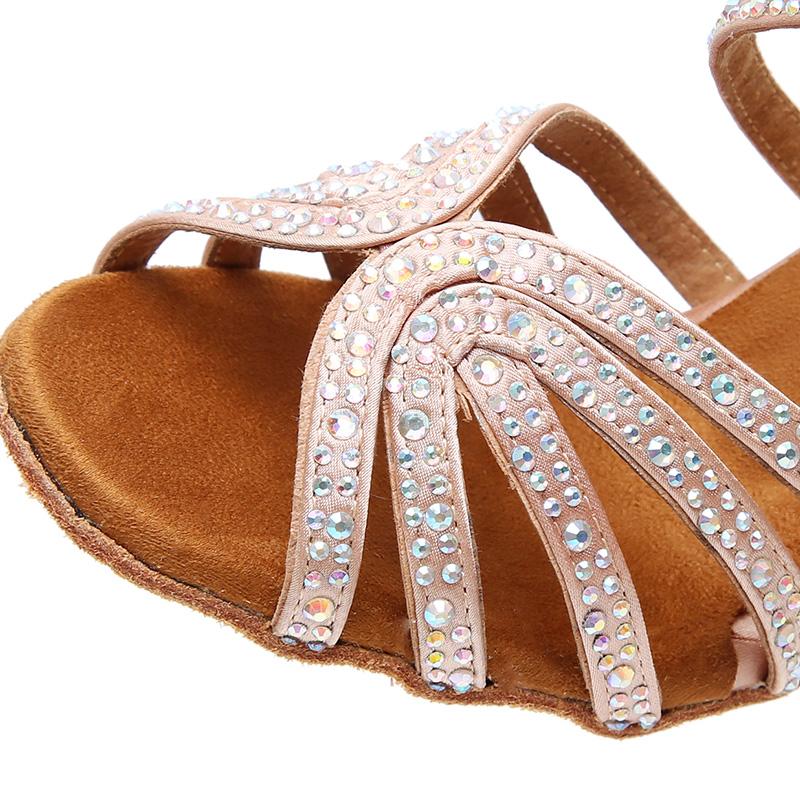 Women's Pink Strappy Satin Rhinestones Customized Heel Dance Shoes