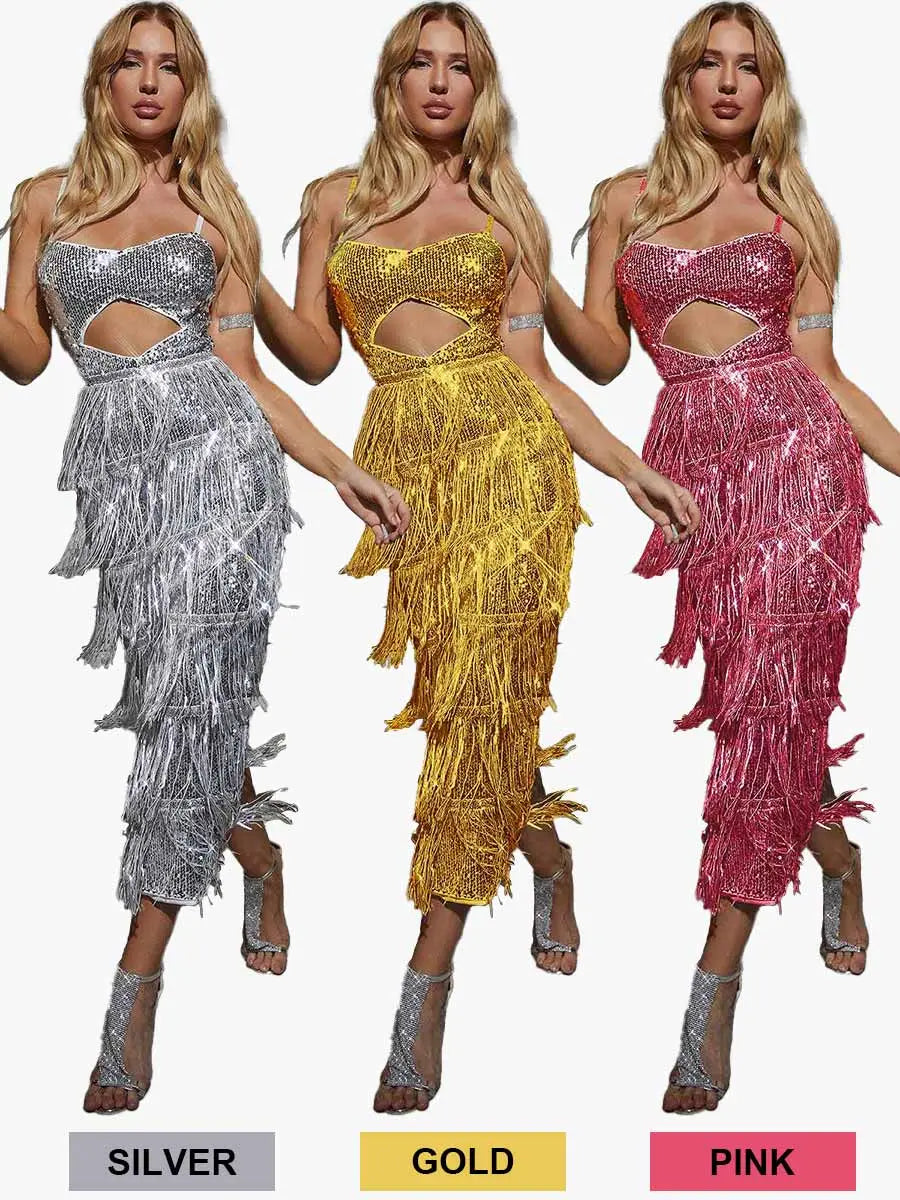 New Sparkly Sequin Cutout Fringe Midi Dress In Silver