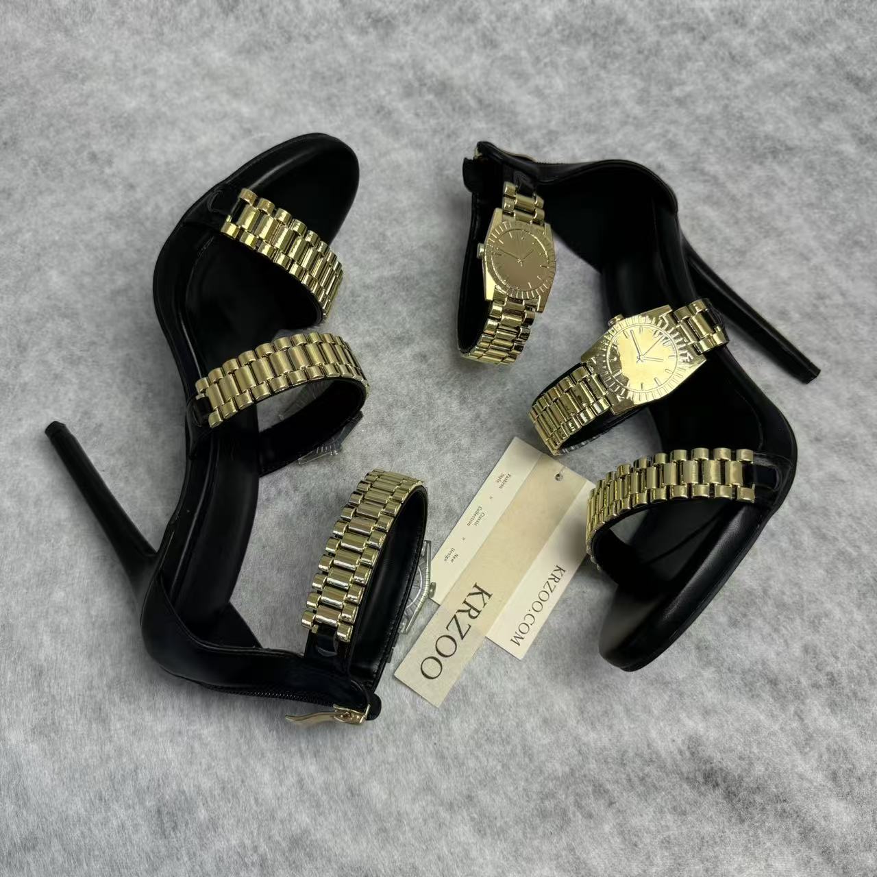 Metallic strap decoration for open-toe high heels