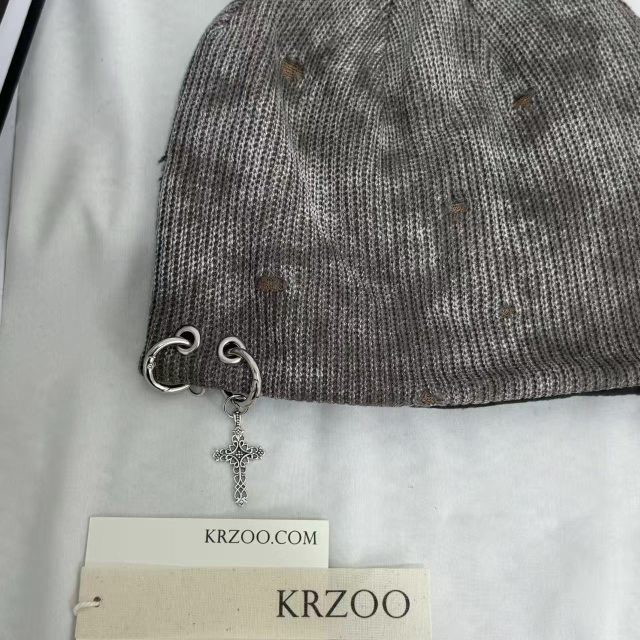 Cross-Patterned Distressed Knitted Wool Beanie