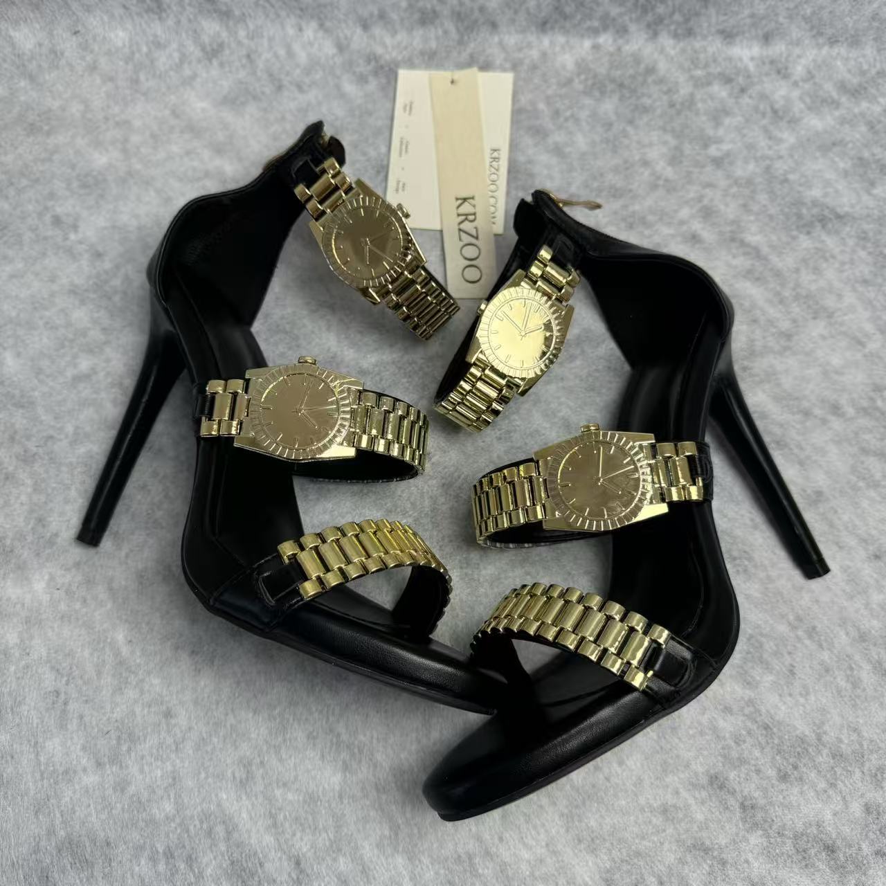 Metallic strap decoration for open-toe high heels