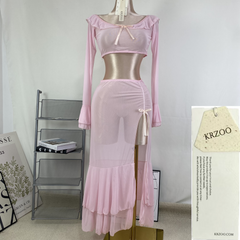 Net fabric high slit long dress set