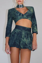 Tie-Dye Cut Out Crop Top Bubble Shorts 2pcs Set-Green Pre Order