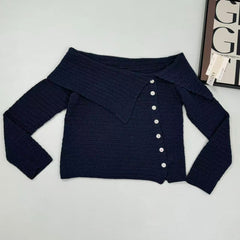 Asymmetric long-sleeved V-neck knitted top