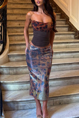 Leopard Print Patchwork Tube Top Sequin Midi Skirt 2pcs Set-Brown Pre Order