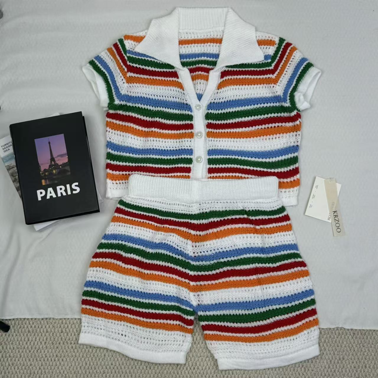 Knitted color-block short-sleeved shorts set