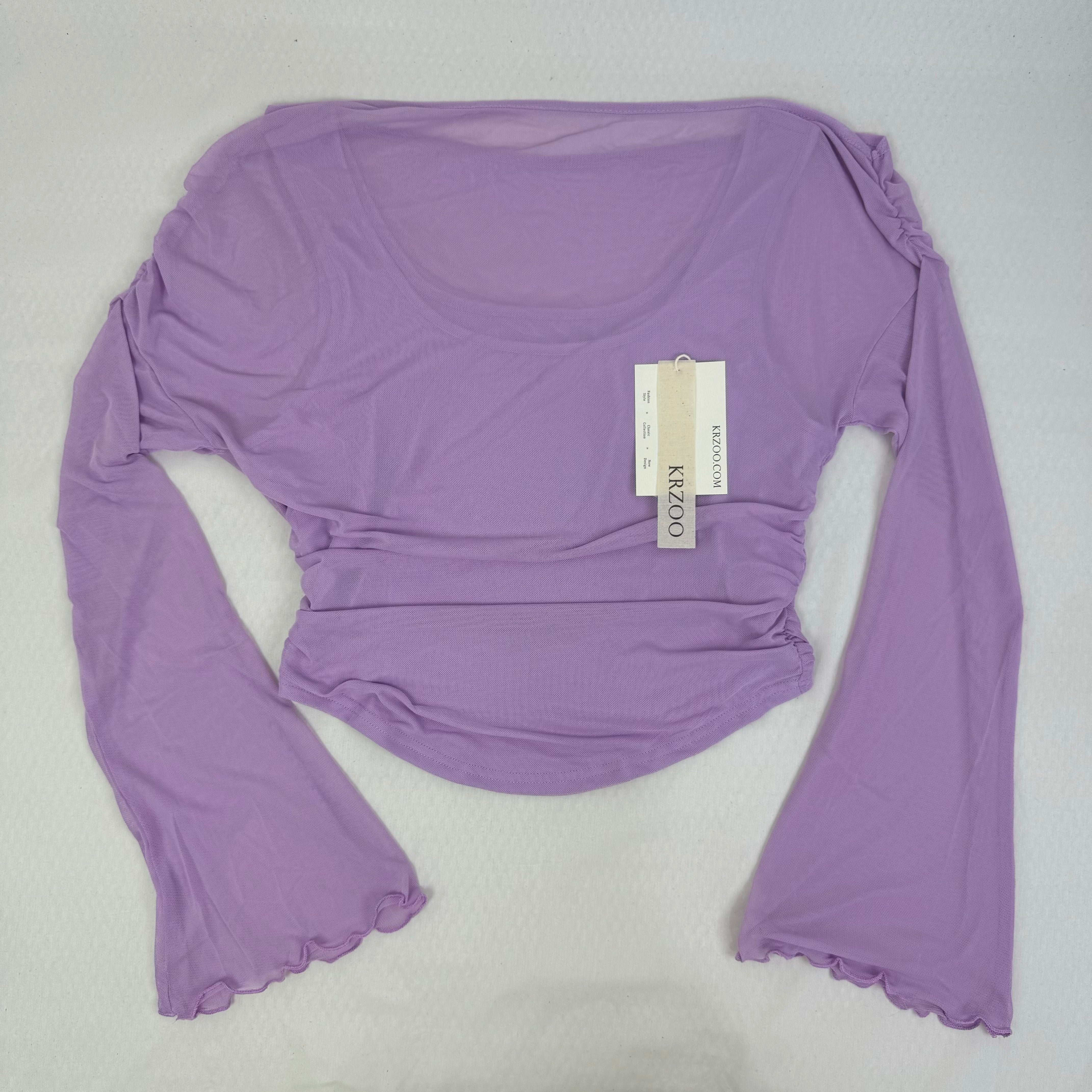 Net fabric elasticated slanting-sleeve top