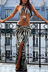 Zebra Print Cross Halter Ruffle Split Vacay Maxi Dresses-Black Pre Order