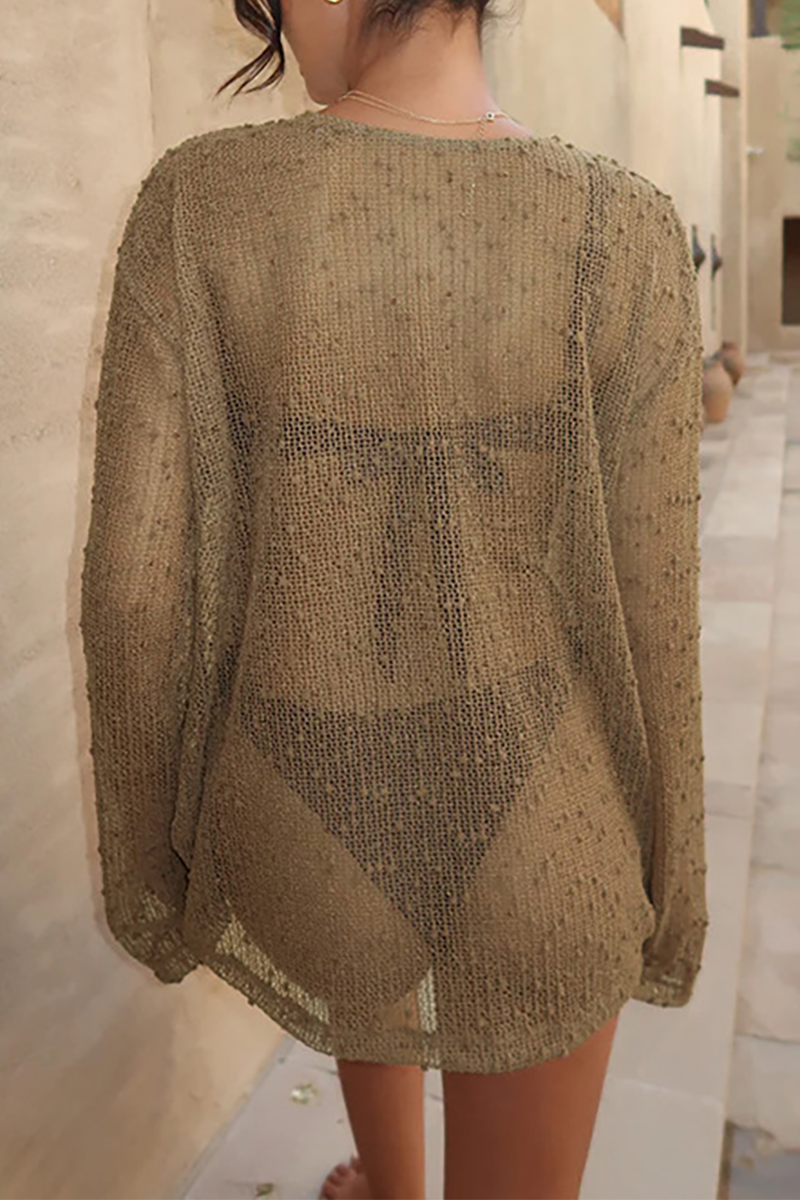 Knit Round Neck Long Sleeve Bikini Cover Ups Top White