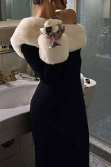 Fuzzy Patchwork Off Shoulder Slim Fit Colorblock Maxi Dresses-Black