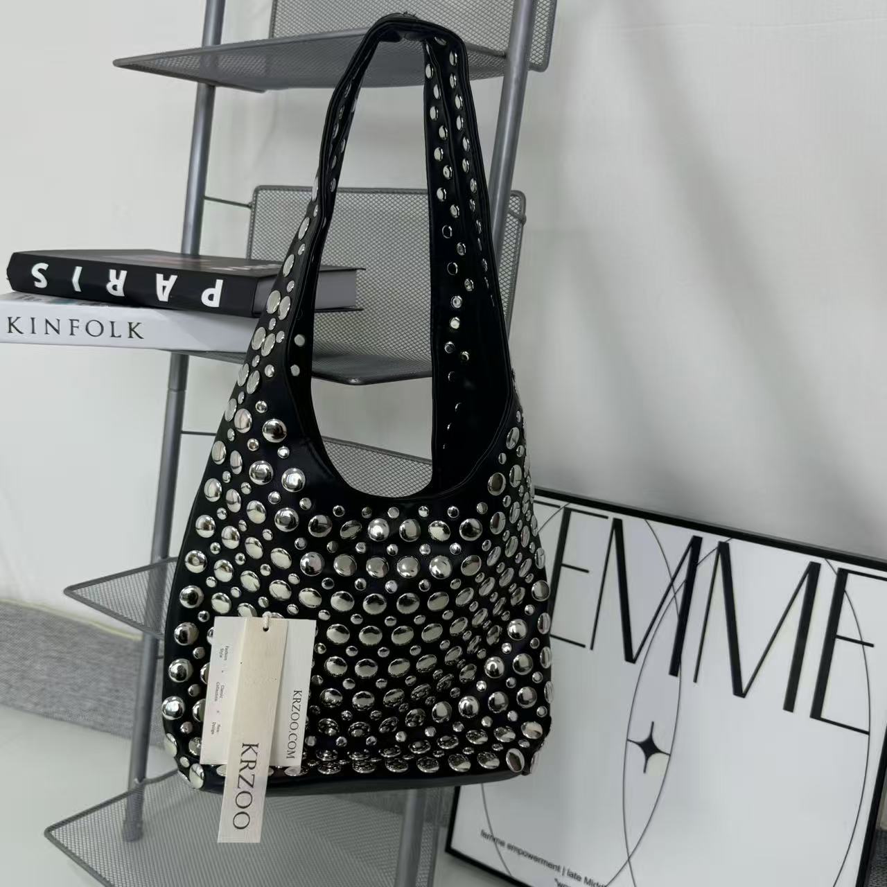Punk rivet-studded matte shoulder bag