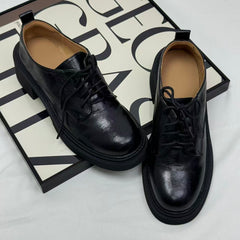 Heeled lace-up round-toe small leather shoes