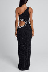 One Shoulder Cutout Chain Slim-Fit Glitter Maxi Dresses-Black Pre Order