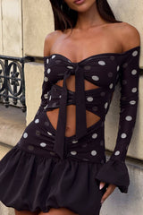 Polka Dot Off Shoulder Sleeve Cutout Bubble Mini Dresses-Black Pre Order