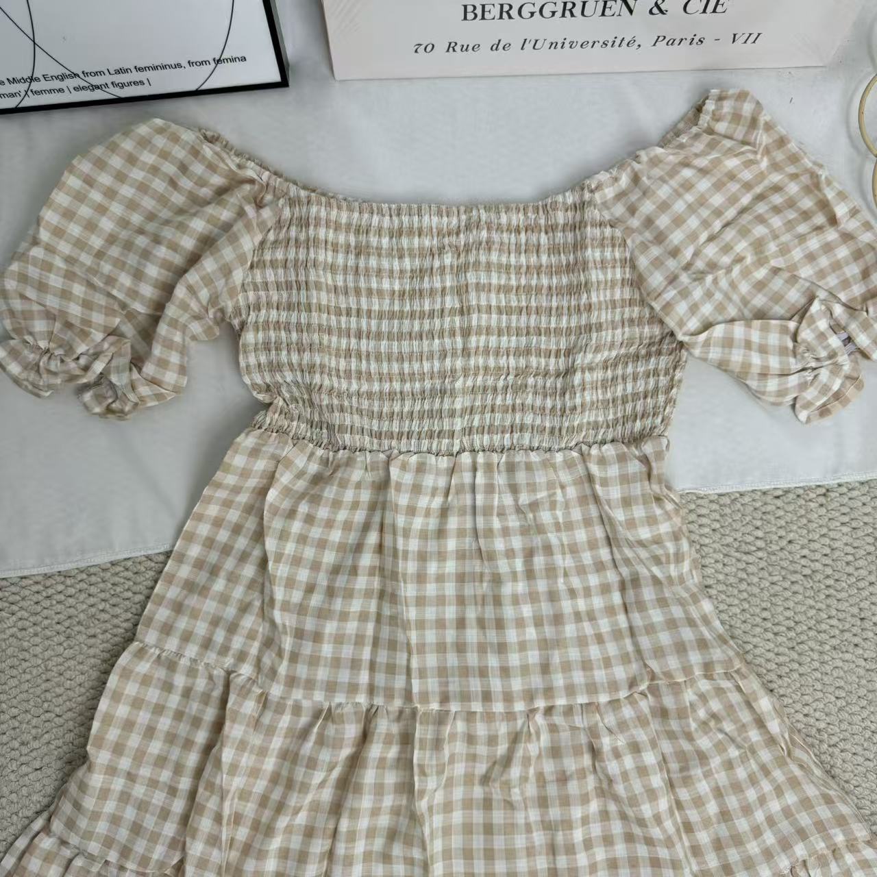 Square-neck checked high-waisted dress