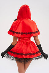 Lace Up Cinch Waist Colorblock Mini Dresses Hooded Shawl Halloween Set-Red