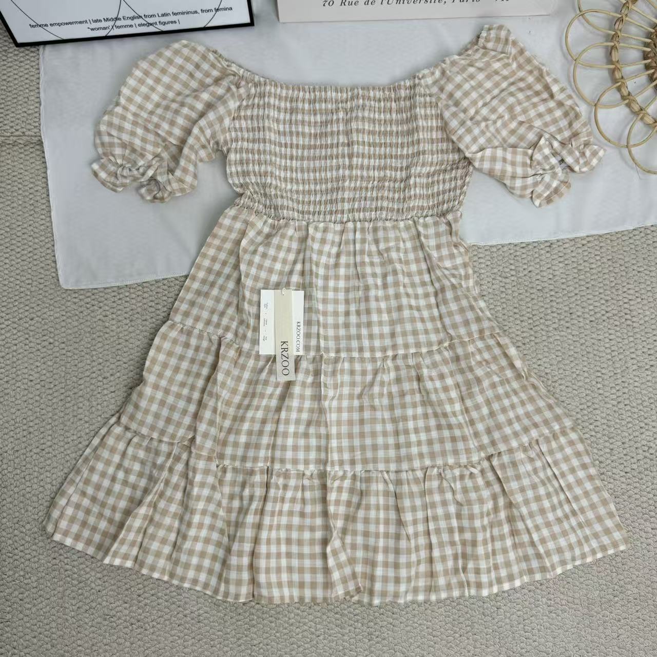 Square-neck checked high-waisted dress