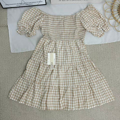 Square-neck checked high-waisted dress