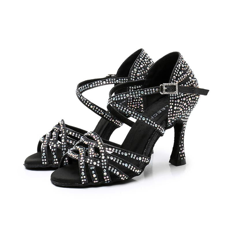 Women's Black Rhinestone Sparkling Glitter Customized Heel Dance Shoes
