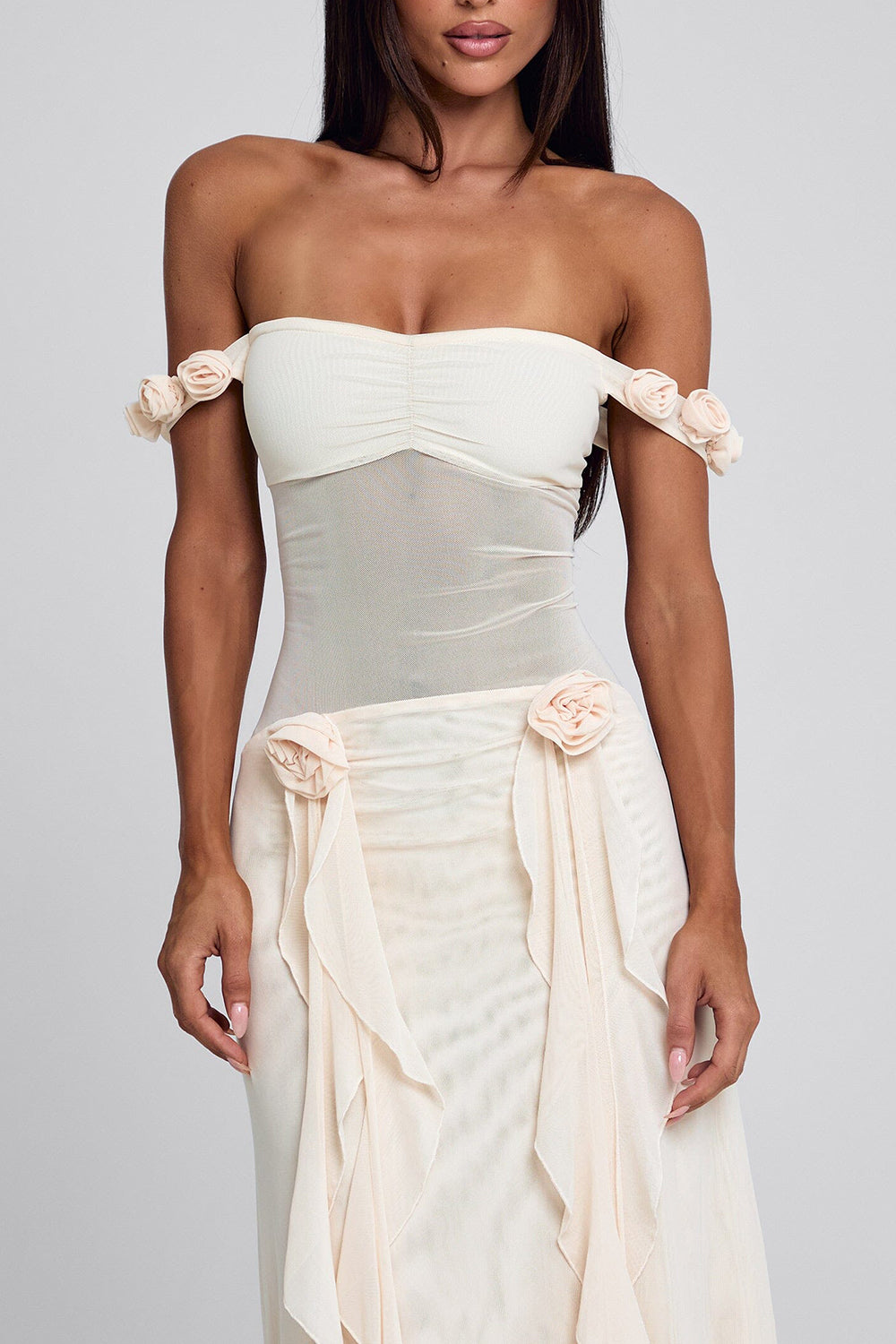 Off Shoulder Mesh Patchwork Rosette Ruffle Maxi Dresses-Beige Pre Order