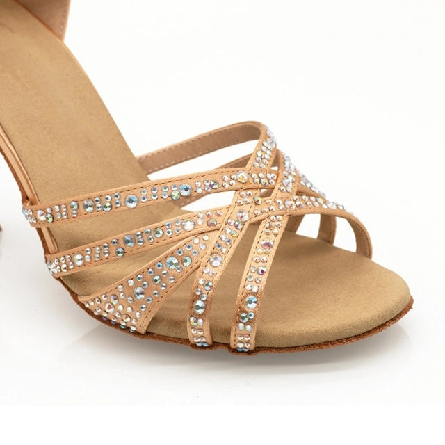 Women's Beige Silk Satin Rhinestones Strappy Latin Dance Shoes Customized Heel