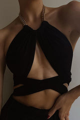 Chain Halter Irregular Neck Backless Ruched Crossover Tie Up Crop Top