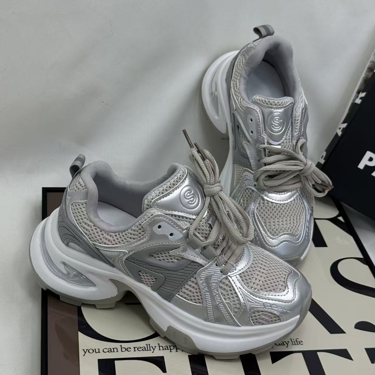 High-top mesh silver dad's shoes