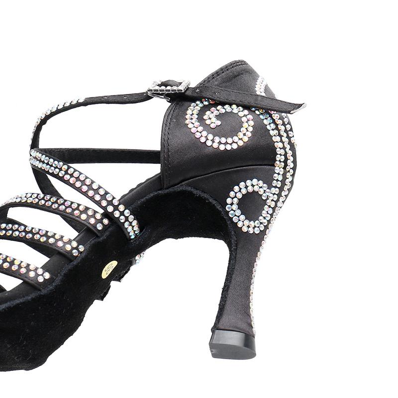 Women's Black Satin Customized Heel Ballroom Rhinestones Strappy Dance Shoes