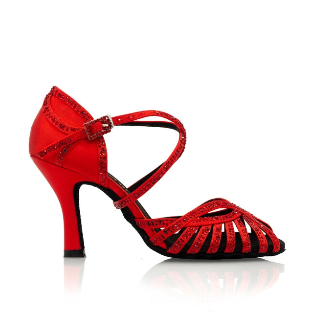 Women's Red Satin & Rhinestones Sandal Customized Heel Dance Shoes