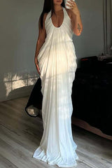 Deep V Neck Halter Ruched Solid Color Maxi Dresses-White